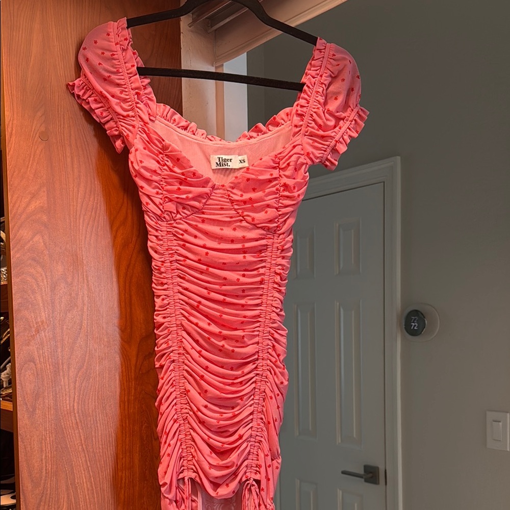 TIGERMIST Pink Ruched Dress with Polka Dots